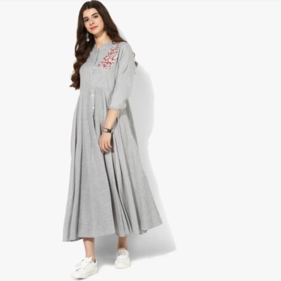 Dresses & Skirts - Band Collar 3/4Th Sleeves Flared Dress/ Kurta